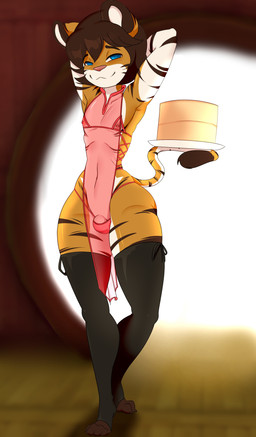 anthro areola bedroom_eyes biped black_clothing black_legwear black_thigh_highs blue_eyes blurred_background brown_body brown_fur brown_hair bulge clothed clothed_anthro clothed_male clothing crossdressing detailed_background eyes_mostly_closed feet femboy flaccid front_view fur genitals hair halterneck hands_behind_head holding_object holding_plate lace legwear looking_at_viewer male markings multicolored_body multicolored_fur narrowed_eyes navel nipples orange_body orange_fur panties pelvic_curtain penis plate pose red_clothing red_panties red_underwear seductive short_hair skimpy small_waist smile solo standing striped_markings stripes tail thick_thighs thigh_highs toes translucent translucent_clothing underwear white_body white_fur wide_hips paraepa felid mammal pantherine tiger 2022 absurd_res colored full-length_portrait hi_res pinup portrait shaded