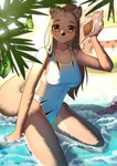 anthro bikini blush breasts brown_body brown_fur clothed clothing detailed_background female fur hair hand_in_water holding_object inner_ear_fluff kneeling looking_at_viewer one-piece_swimsuit smile solo swimwear tuft two-piece_swimsuit water yellow_eyes etivka canid canine mammal 2021 digital_media_(artwork) hi_res