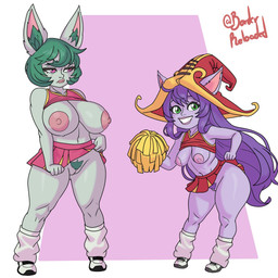 animal_ears areola big_breasts bottomwear breasts cheerleader clothed clothing duo eyelashes female footwear front_view fur genitals green_body green_eyes green_fur green_hair green_pubes hair hat headgear headwear holding_pom_poms inner_ear_fluff long_hair looking_at_viewer navel nipples no_underwear pink_areola pink_background pink_bottomwear pink_clothing pink_eyes pink_nipples pink_skirt pink_topwear pom_poms pubes purple_body purple_fur purple_hair purple_pubes raised_bottomwear raised_clothing raised_skirt raised_topwear red_bottomwear red_clothing red_hat red_headwear red_skirt red_topwear shoes short_hair simple_background skirt small_breasts smile socks thick_thighs topwear tuft vulva white_background white_clothing white_footwear white_shoes white_socks wide_hips borderreloaded league_of_legends riot_games tencent lulu_(lol) vex_(lol) humanoid yordle hi_res