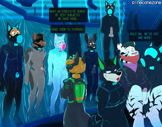 anthro ball bdsm bodily bodily_fluids bondage bound canvas cum gag genital_fluids genitals gimp group latex leather machine milking_machine nude orgasm penile penis penis_milking text smallsavant absurd_res english_text hi_res
