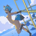 1:1 anthro black_hair blue_hair blue_tail brand_new_animal breasts brown_nipples butt canid canine dipstick_tail female gloves_(marking) hair jungle_gym leg_markings looking_at_viewer mammal markings michiru_kagemori multicolored_tail nipples nude outside powerofsin public public_nudity raccoon_dog short_hair side_view sky skyscape socks_(marking) solo stretching studio_trigger tail tail_markings