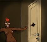 anthro avian beak bird bodily_fluids breasts chicken diane_henderson door female galliform gallus_(genus) hladilnik killwi nightmare_fuel nipples non-mammal_breasts nude phasianid scared solo sweat wet