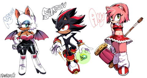 accessory anthro armwear blue_lips bodysuit boots bottomwear bracelet breasts cleavage clothed clothing crop_top diamond_(gem) ear_piercing elbow_gloves elbow_pads eyeshadow female footwear gem gloves green_eyes group hair_accessory hairband hammer handwear holster jewelry knee_highs knee_socks legwear lips makeup male navel piercing red_eyes shirt shoes skinsuit skirt socks thigh_boots thigh_highs tight_clothing tools topwear trio stagbeetle_(artist) sega sonic_the_hedgehog_(series) amy_rose rouge_the_bat shadow_the_hedgehog bat eulipotyphlan hedgehog mammal