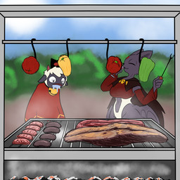 anthro barbecue bell_pepper black_body bodily_fluids clothing duo female food fruit hip_wings male meat pepper_(fruit) plant saliva shirt topwear tunic unusual_wing_placement vegetable king_of_sorrow_(artist) cult_of_the_lamb massive_monster_(studio) lamb_(cult_of_the_lamb) ruri_(cult_of_the_lamb) bovid caprine domestic_cat felid feline felis mammal sheep 1:1