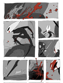 anthro biped black_body blood blood_drip blood_on_face blood_splatter bodily_fluids dripping female group holding_melee_weapon holding_object holding_sword holding_weapon horn male melee_weapon revenge segmented_body spinning_weapon sword violence weapon justdog hollow_knight:_silksong hollow_knight_(franchise) team_cherry hornet_(hollow_knight) arachnid arthropod fly_(animal) insect spider wardenfly 2026 comic greyscale hi_res monochrome