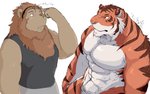 anthro barazoku clothing duo humanoid_hands kemono male muscular pecs shirt simple_background text topwear white_background train_(artist) felid lion mammal pantherine tiger 2011 japanese_text