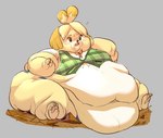 anthro belly big_belly big_cheeks blonde_hair blush blush_stickers bodily_fluids breasts broken_chair chubby_cheeks clothed clothing fat_arms fat_legs feeding female flying_sweatdrops fur hair huge_belly morbidly_obese morbidly_obese_anthro morbidly_obese_female navel obese obese_anthro obese_female overweight overweight_anthro overweight_female pawpads simple_background sitting sweat sweatdrop white_body white_fur yellow_body yellow_fur sooftly animal_crossing nintendo isabelle_(animal_crossing) canid canine canis domestic_dog mammal shih_tzu toy_dog absurd_res hi_res