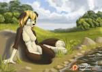 2018 anthro biped breasts canid canine cloud detailed_background digital_media_(artwork) female fur hair kirillk looking_at_viewer mammal nude outside sitting sky smile solo sun tagme water