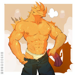 abs anthro arm_spikes barazoku black_bottomwear black_clothing black_pants bottomwear breath clothing eyes_closed head_spikes holding_clothing holding_object logo male muscular muscular_anthro muscular_arms muscular_male navel neck_spikes nipples non-mammal_navel non-mammal_nipples orange_body pants pecs shoulder_spikes solo spikes spikes_(anatomy) steam underwear undressing white_clothing white_underwear megadolix agamid lizard reptile scalie thorny_devil 1:1 artist_logo digital_media_(artwork) hi_res