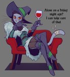 alcohol anthro beverage biped boots bottomwear clothing container cup drinking_glass female female_anthro footwear fur fur_clothing furniture glass glass_container glass_cup gloves grey_background grey_body grey_fur handwear hat headgear headwear holding_glass holding_object holding_wine_glass legwear looking_at_viewer monotone_background pants pupils red_eyes shoes simple_background sitting slit_pupils sofa solo talking_to_viewer text thigh_boots thigh_highs whiskers wine wine_glass witch_hat yellow_sclera lenyavok alone_on_a_friday_night_(meme) captain_aliaynel_seagrey domestic_cat felid feline felis mammal 2024 digital_media_(artwork) english_text hi_res meme