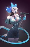 anthro big_breasts biped black_background black_body blue_body blue_hair breasts cleavage clothed clothing dress electronics female hair machine microphone multicolored_body open_mouth short_dress simple_background singing solo tail white_body wide_hips skygracer deltarune undertale_(series) tasque_manager android darkner domestic_cat felid feline felis mammal robot 2022 digital_media_(artwork) hi_res