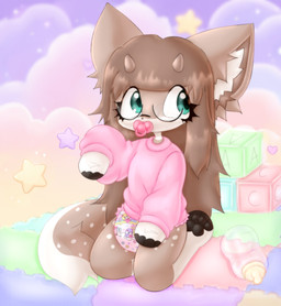 age_regression blue_eyes bottle brown_body brown_hair clean_diaper clothed clothing cloud container cube_(object) diaper diaper_only feet female fur hair heart_(marking) hoodie horn kitty_deer markings pacifier pawpads pink_background simple_background solo star star_(marking) tail topless topwear underwear wearing wearing_diaper young wayletuwu littleforbig hi_res