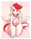 anthro areola big_breasts blush blush_lines breasts female hair kneeling looking_at_viewer mostly_nude multicolored_hair red_eyes red_hair smile solo tail text thick_thighs white_body white_hair wings borvar hasbro my_little_pony mythology array_(oc) equid equine mammal mythological_creature mythological_equine pegasus 2023 hi_res signature