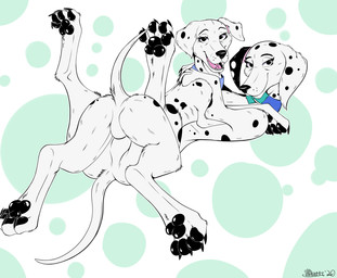 black_body black_fur collar duo fangs featureless_butt featureless_crotch female feral fur looking_at_viewer markings multicolored_body multicolored_fur open_mouth pawpads spots spotted_body spotted_fur teeth toony white_body white_fur marcushunter 101_dalmatian_street 101_dalmatians disney delilah_(101_dalmatians) perdita canid canine canis dalmatian domestic_dog mammal 2020 hi_res signature