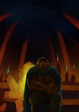 abs anthro arm_wraps brown_body cape chest_tuft cloak clothed clothing coat curled_horn curly_hair detailed_background duo facial_scar fantasy fire fire_body green_cape green_clothing green_topwear group hair horn inside larger_male male muscular muscular_anthro muscular_male navel night scar shirtless shirtless_anthro shirtless_male sitting size_difference star topwear tuft wraps purplebirdman avalon_(purplebirdman) roshim_(purplebirdman) bovid caprine mammal sheep 2026 colored colored_sketch detailed digital_drawing_(artwork) digital_media_(artwork) hi_res shaded sketch