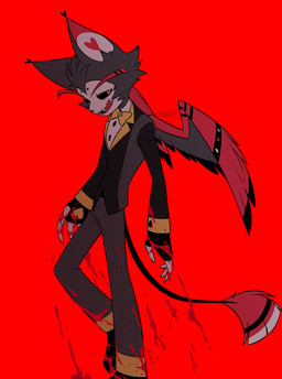 anthro blood blood_on_clothing bodily_fluids clothed clothing feathered_wings feathers fingers licking licking_lips male red_background simple_background solo suit tail tongue tongue_out wings enaic31 hazbin_hotel hellaverse husk_(hazbin_hotel) demon domestic_cat felid feline felis mammal 2026 absurd_res digital_media_(artwork) hi_res