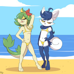 anthro beach bikini biped cheek_tuft clothed clothing day digitigrade duo eyebrows facial_tuft female flat_chested front_view fur gloves_(marking) gold_bikini gold_eyeshadow green_hair hair half-closed_eyes leg_markings licking licking_lips licking_own_lips looking_at_viewer markings medium_hair narrowed_eyes navel outside pose purple_hair purple_markings sand seaside short_hair socks_(marking) standing swimwear tan_body tongue tongue_out tuft two-piece_swimsuit white_body white_fur young young_anthro young_female fuf golden_week nintendo pokemon generation_5_pokemon meowstic_(female) pokemon_(species) servine 1:1 2026 hi_res