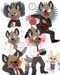 5_fingers anthro black_nose blush bodily_fluids bouquet clothed clothing eyelashes eyes_closed fangs female fingers footwear fully_clothed fur group happy heart_symbol inner_ear_fluff jacket male male_focus necktie open_clothing open_mouth open_shirt open_topwear plushie pose shirt shoes solo_focus suit tail tail_motion tailwag tears teeth topwear tuft wallet luwei_(artist) aggretsuko sanrio fenneko haida_(aggretsuko) retsuko ailurid canid canine fennec_fox fox hyena mammal red_panda spotted_hyena true_fox 2018 digital_media_(artwork)