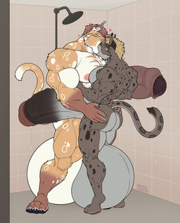 5_fingers anthro anthro_on_anthro balls balls_touching big_balls big_penis duo fingers genitals hair huge_balls huge_penis humanoid_genitalia humanoid_penis hyper hyper_balls hyper_genitalia hyper_penis kissing male male/male muscular muscular_anthro muscular_male muscular_on_muscular penis tail vein veiny_penis kamui_behemoth felid mammal absurd_res hi_res