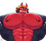 abs anthro areola asian_mythology barazoku beanie big_pecs black_body black_fur buzzy buzzybub clothing demon east_asian_mythology facial_hair fangs fur haplorhine hat headgear headwear hi_res horn huge_pecs japanese_mythology looking_at_viewer looking_down looking_down_at_viewer male mammal monkey muscular muscular_male mythology navel nipple_piercing nipples oni pecs pecs_focus piercing primate red_body red_fur sideburns solo teeth yokai