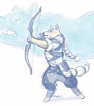 ambiguous_gender anthro bow_(weapon) cosplay duo ranged_weapon sharp_teeth tattoo teeth weapon kobb kobbers armello blizzard_entertainment league_of_geeks overwatch hanzo_(overwatch) river_(armello) canid canine canis mammal spirit wolf 2017