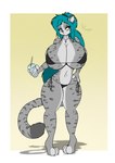 anthro big_breasts bikini blue_hair breasts clothing female fur grey_body grey_fur hair huge_breasts legwear slurpee solo summer swimwear thigh_highs two-piece_swimsuit yellow_eyes aerodoggy abril_(aerodoggy) felid mammal pantherine snow_leopard absurd_res hi_res