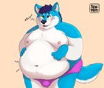 absurd_res anthro belly big_belly blue_hair blush bulge burping canid canine canis cheek_markings clothed clothing domestic_dog facial_markings green_eyes hair hands_on_belly head_markings hi_res hungry husky hybrid male mammal markings moobs nordic_sled_dog overweight overweight_anthro overweight_male pink_clothing pink_underwear solo spitz t_cayoti underwear underwear_only white_belly wintie wolf
