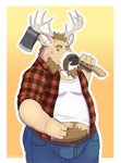 anthro antlers axe belly bottomwear brown_body brown_fur bulge clothing felling_axe fur horn male melee_weapon overweight overweight_anthro overweight_male pants plaid shirt simple_background solo topwear weapon harushipanda deer mammal 2020 absurd_res hi_res