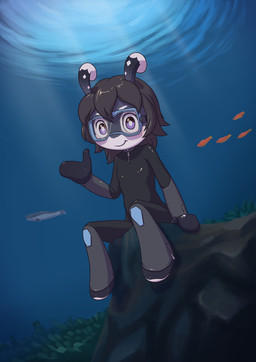 ambiguous_gender antennae_(anatomy) anthro biped black_bodysuit black_clothing black_hair black_skinsuit bodysuit closed_smile clothed clothing diving_mask eyebrows front_view gesture hair looking_at_viewer mask mouth_closed multicolored_body on_rock purple_body purple_eyes rock short_hair sitting sitting_on_rock skinsuit smile solo tight_clothing two_tone_body underwater water waving waving_at_viewer white_body minum genshin_impact mihoyo ambient_fish ambient_sealife melusine_(genshin_impact) 2025 absurd_res hi_res