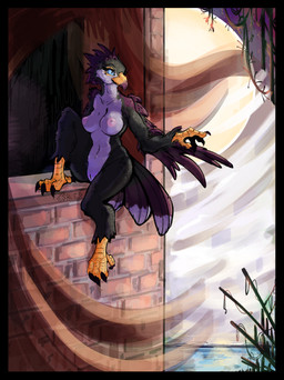 anthro beak breasts brick_wall feathered_wings feathers feet female genitals looking_up navel nipples nude outside sitting smile solo tail talons toes vulva wall_(structure) wings savielle monad_(monadbirb) avian bird 2025 absurd_res digital_media_(artwork) hi_res