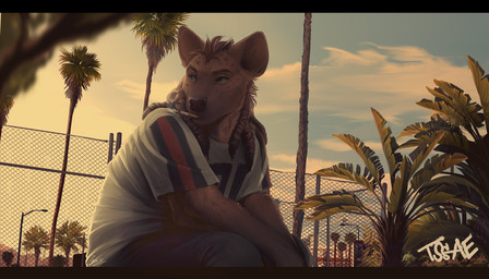 anthro brown_hair cigarette clothed clothing cloud fence fully_clothed hair looking_away male outside palm_tree plant sitting sky smoking solo tree caicyo hyena mammal hi_res