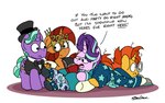 bathrobe black_tie_(suit) butt_pillow clothing eyewear female feral glasses group hat headgear headwear holidays horn male new_year_glasses novelty_glasses pajamas robe suit text top_hat bobthedalek friendship_is_magic hasbro my_little_pony mythology new_year firelight_(mlp) starlight_glimmer_(mlp) stellar_flare_(mlp) sunburst_(mlp) equid equine mammal mythological_creature mythological_equine unicorn english_text hi_res