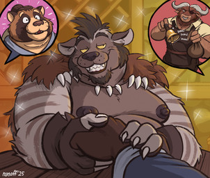 4_fingers anthro anthro_on_anthro apron arm_hair asian_clothing barazoku bell belly black_body black_fur black_hair blue_clothing blue_topwear body_hair brown_body brown_fur cape chest_hair clothed clothing collared_shirt eye_patch eyewear facial_hair facial_piercing fingers first_person_view fur fur_cape fur_clothing furniture goatee grey_body grey_fur group hair hair_bun hand_holding horn looking_at_viewer male male/male male_anthro manly mohawk moobs muscular muscular_anthro muscular_male nipples nose_piercing nose_ring obese obese_anthro obese_male onomatopoeia open_mouth open_smile orange_body orange_fur overweight overweight_anthro overweight_male piercing reaction_contrast reaction_shot ring_piercing ringing ringing_bell romantic sack shirt sideburns smile smiling_at_viewer sound_effects sparkles stern_look striped_body striped_fur stripes table tan_body tan_fur tavern tavern_background text tooth_necklace toothy_grin topless topwear trio whiskers yellow_eyes nanoff european_mythology greek_mythology mythology charlie_(nanoff) taro_(nanoff) bovid bovine canid canine gnoll hyena mammal minotaur raccoon_dog tanuki 2025 artist_name colored dated digital_drawing_(artwork) digital_media_(artwork) english_description half-length_portrait hi_res portrait shaded story story_at_source story_in_description