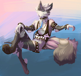 4_toes anthro biped blue_eyes clothed clothing collar cross cross_necklace digitigrade feet jewelry legwear male necklace partially_clothed pawpads paws piercing shirt simple_background sitting smile solo tank_top toes topwear tanks_(artist) akkla canid canine mammal 2015 hi_res