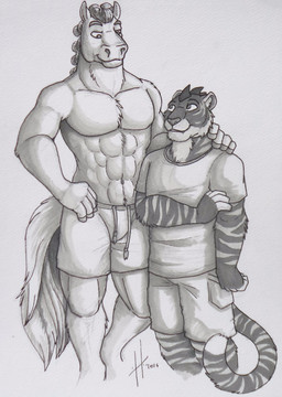 abs anthro bottomwear cheek_tuft clothed clothing duo facial_tuft front_view fur hand_on_hip head_spikes looking_up male male_anthro markings muscular muscular_anthro muscular_male narrowed_eyes navel neck_tuft pecs shirt shorts size_difference smile spikes spikes_(anatomy) standing striped_arms striped_body striped_fur striped_legs striped_markings striped_tail stripes t-shirt tail tail_markings topless topwear tuft hufnaar equid equine felid horse mammal pantherine tiger absurd_res hi_res