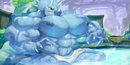 4_fingers abs anthro areola barazoku biceps big_muscles big_pecs blue_body claws detailed_background facial_horn finger_claws fingers head_horn horn hot_spring huge_muscles huge_pecs hyper hyper_muscles hyper_pecs looking_at_self male muscular muscular_arms muscular_male nipples non-mammal_nipples nose_horn nude partially_submerged pecs red_eyes silhouette sitting_in_water solo text toothy_grin towel towel_on_lap vein veiny_muscles water wet white_sclera white_towel goofyahdragons ceratopsian ceratopsid chasmosaurine dinosaur marginocephalian ornithischian prehistoric_species reptile scalie triceratops 2025 2:1 artist_name digital_drawing_(artwork) digital_media_(artwork) half-length_portrait hi_res portrait