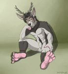 animal_genitalia anklet anthro antlers balls bedroom_eyes black_hair black_nose elbow_on_knee eye_scar facial_hair facial_scar feet full_pad fully_sheathed fur genitals goatee grey_body grey_fur hair horn jewelry looking_at_viewer male narrowed_eyes neck_tuft orange_eyes paws plantigrade scar seductive sheath solo tuft yaoifairy ra'deer cervine deer mammal 2017 absurd_res hi_res