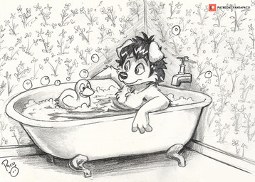 anthro bath bathing bathtub bubble cheek_tuft claw_foot_bathtub closed_smile facial_tuft floppy_ears foam glistening glistening_nose hair inside male male_anthro messy_hair mouth_closed nude slight_smile smile solo tuft young young_anthro young_male pandapaco canid canine mammal signature spot_color
