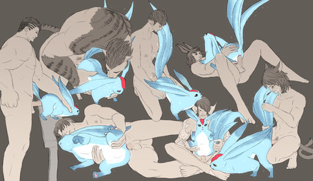 ambiguous_gender anal anal_penetration anthro anthro_on_feral anus balls bestiality bite blue_body blue_fur butt erection feral feral_penetrated fur genitals group horn human_on_feral humanoid_pointy_ears interspecies male male/male male_on_feral male_penetrated male_penetrating male_penetrating_male multicolored_body multicolored_fur muscular neck_bite nude open_mouth penetration penis pointy_ears sex simple_background simple_coloring size_difference smaller_penetrated sparkles spread_legs spreading tail text donnerkat final_fantasy final_fantasy_xiv mythology square_enix au_ra elezen felid feline hrothgar human humanoid lagomorph mammal miqo'te mythological_carbuncle mythological_creature roegadyn scalie viera english_text hi_res story story_in_description