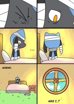 6_panel_comic ambiguous_gender anthro bandage bed black_text cloud day dialogue ellipsis eyebrows eyes_closed furniture grass inside on_bed orange_eyes plant questioning_ellipsis rock sitting sitting_on_bed sky solo talking_to_self text wall_(structure) white_sclera window sawlamander nintendo pokemon pokemon_mystery_dungeon spike_chunsoft generation_4_pokemon pokemon_(species) riolu 2025 comic english_text hi_res
