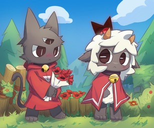 2_horns 3_eyes ambiguous_anthro ambiguous_gender anthro bell bell_collar black_body black_fur blush cheek_tuft collar day detailed_background duo facial_tuft flower fur holding_flower holding_object horn male multi_eye outside plant tree tuft white_body white_fur white_wool wool_(fur) weeruka cult_of_the_lamb massive_monster_(studio) lamb_(cult_of_the_lamb) narinder bovid caprine domestic_cat felid feline felis mammal sheep 2024 6:5 digital_drawing_(artwork) digital_media_(artwork) hi_res