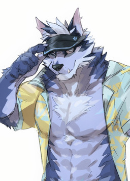 abs aloha_shirt anthro blue_body blue_fur clothed clothing fur hat headgear headwear male muscular muscular_anthro open_clothing open_shirt open_topwear pattern_clothing pattern_shirt pattern_topwear pecs shirt solo topwear visor_cap tobenaibuka lifewonders tokyo_afterschool_summoners tindalos_(tas) canid canine canis mammal wolf