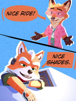 accessory anthro arwing blue_background blue_necktie clothing collared_shirt comic_panel compliment countershading dialogue dress_shirt duo eyewear floral_print fur glasses jacket looking_at_another male necktie open_mouth orange_body orange_fur pink_clothing pink_eyewear pink_glasses pink_shirt pink_topwear red_scarf rolled_up_sleeves scarf shirt shutter_shades simple_background spacecraft speech_bubble spread_arms toony topwear vehicle wearing_glasses oravert69522 disney nintendo star_fox the_super_mario_galaxy_movie zootopia fox_mccloud nick_wilde canid canine fox mammal red_fox true_fox 2026 3:4 absurd_res colored comic digital_drawing_(artwork) digital_media_(artwork) hi_res shaded