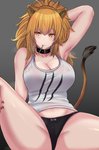 big_breasts blush bodily_fluids breasts brown_body brown_fur brown_hair cleavage clothed clothing collar female fur hair simple_background solo sweat thick_thighs underwear yellow_eyes kanta_(kanta_077) arknights hypergryph studio_montagne siege_(arknights) animal_humanoid felid felid_humanoid humanoid lion_humanoid mammal mammal_humanoid pantherine pantherine_humanoid absurd_res hi_res