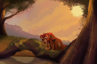 braided_hair brown_body brown_fur day detailed_background feral fur grass hair heterochromia moss outside plant sitting sky smile solo sun water kitchiki felid lion mammal pantherine