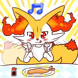 3_toes :3 afterimage ambiguous_anthro ambiguous_gender anthro arm_tuft bib biped blush blush_lines blush_stickers cheek_tuft chest_tuft cutlery dipstick_tail facial_tuft feet food fork front_view fur furniture hip_tuft inner_ear_fluff kitchen_utensils knife licking licking_lips looking_at_food looking_at_object looking_down markings mostly_nude_ambiguous mostly_nude_anthro motion_lines multicolored_body multicolored_fur musical_note musical_symbol object_in_tail orange_body orange_fur orange_inner_ear_fluff orange_tail_tip pointy_ears prick_ears red_eyes red_nose shoulder_tuft shrimp_(food) simple_background solo soy_sauce sparkles stick stick_in_tail symbol table tail tail_markings tail_motion tailwag toes tongue tongue_out tools tuft two_tone_tail white_body white_fur yellow_body yellow_fur yellow_tail annyui0611 nintendo pokemon braixen canid generation_6_pokemon mammal pokemon_(species) 1:1 2021 digital_drawing_(artwork) digital_media_(artwork) flat_colors half-length_portrait hi_res japanese_description portrait translated_description