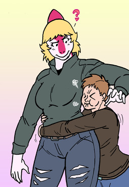 anthro arms_around_waist big_breasts biped blonde_hair bone_frill bottomwear breasts brown_clothing brown_shirt brown_topwear clothed clothed_anthro clothed_female clothed_human clothed_male clothing denim denim_bottomwear denim_clothing duo eyes_closed female fingers frill_(anatomy) gradient_background green_clothing green_shirt green_topwear hair head_turned human_on_anthro humanoid_hands interspecies jeans larger_anthro larger_female looking_at_another looking_down male male/female medium_hair non-mammal_breasts pants pink_body pink_scales question_mark romantic romantic_couple scales shirt simple_background size_difference standing struggling topwear torn_bottomwear torn_clothing torn_pants white_body white_scales theviktor cavemanon_studios i_wani_hug_that_gator mia_moretti dinosaur hadrosaurid human mammal ornithischian ornithopod parasaurolophus prehistoric_species reptile scalie 2025