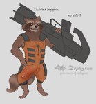 anthro bulge detailed_bulge fur genital_outline genitals grey_background gun hand_on_hip innuendo paws penis ranged_weapon simple_background smile smirk solo tail weapon weapon_over_shoulder zephyxus guardians_of_the_galaxy marvel rocket_raccoon mammal procyonid raccoon 2025