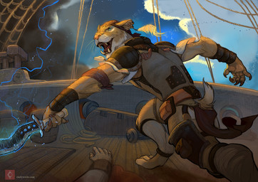 anthro armor blood bodily_fluids cannon claws clothed clothing dagger ear_piercing ear_ring fangs green_eyes kerchief magic male melee_weapon open_mouth piercing ranged_weapon ring_piercing rope sailing_ship sailing_watercraft ship solo teeth vehicle watercraft weapon whiskers amarian dungeons_and_dragons hasbro wizards_of_the_coast fekkri_talot felid mammal tabaxi