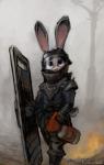 abstract_background ambiguous_gender anthro armor big_eyes clothed clothing fur headgear helmet holding_object looking_at_viewer outside police purple_eyes riot_gear riot_police riot_shield shield solo standing karbik_(artist) disney zootopia judy_hopps lagomorph leporid mammal rabbit 2016 hi_res